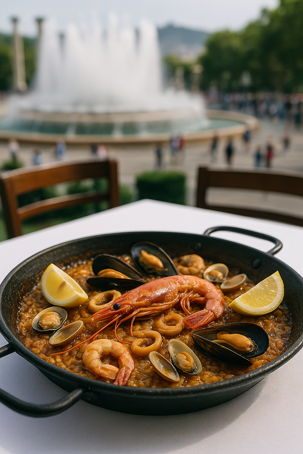 Paella de marisco tradicional servida en una paellera con gambas, mejillones y calamares, frente a la Fuente Mágica de Montjuïc en Barcelona.