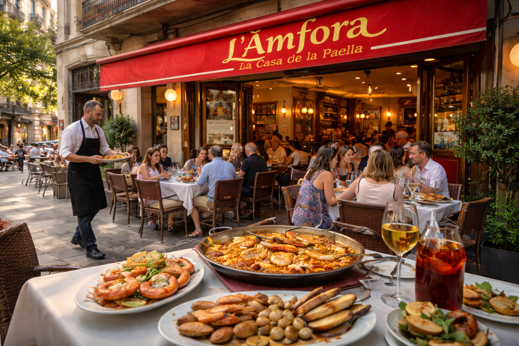Terraza de L’Àmfora en el Paral·lel de Barcelona con una paella tradicional de marisco y comensales disfrutando de la cocina mediterránea.
