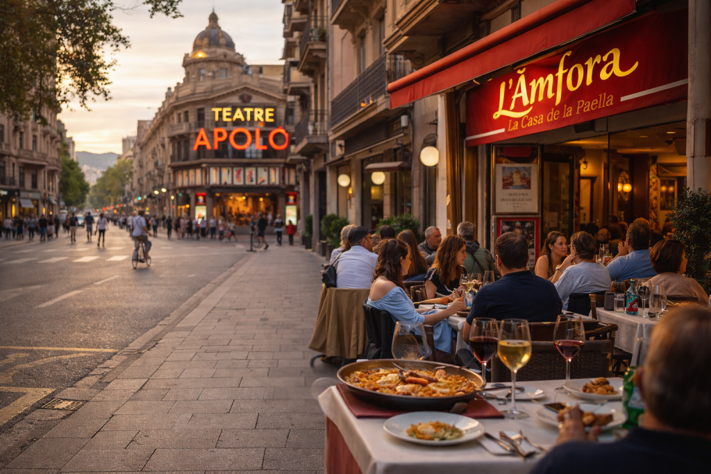 Plan gastronómico en el Paral·lel de Barcelona con paella tradicional en L’Àmfora y ambiente cultural cerca del teatro Apolo.