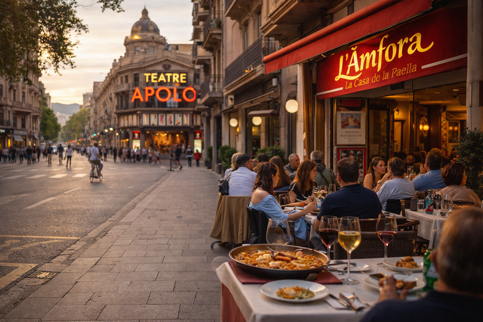 Plan gastronómico en el Paral·lel de Barcelona con paella tradicional en L’Àmfora y ambiente cultural cerca del teatro Apolo.