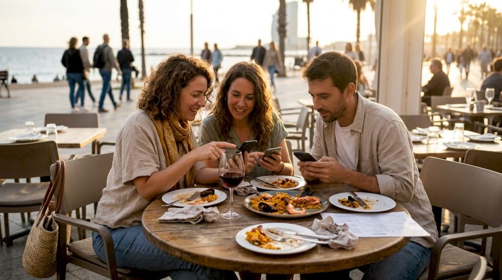 Unos turistas revisan opiniones en TripAdvisor mientras esperan la comida en un restaurante de Barcelona.