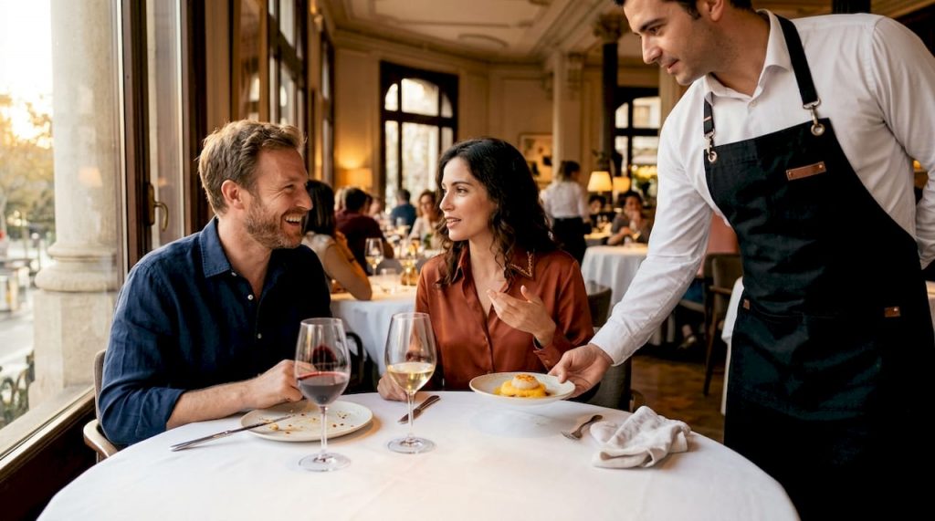 Una pareja saborea un menú degustación en un restaurante de lujo.