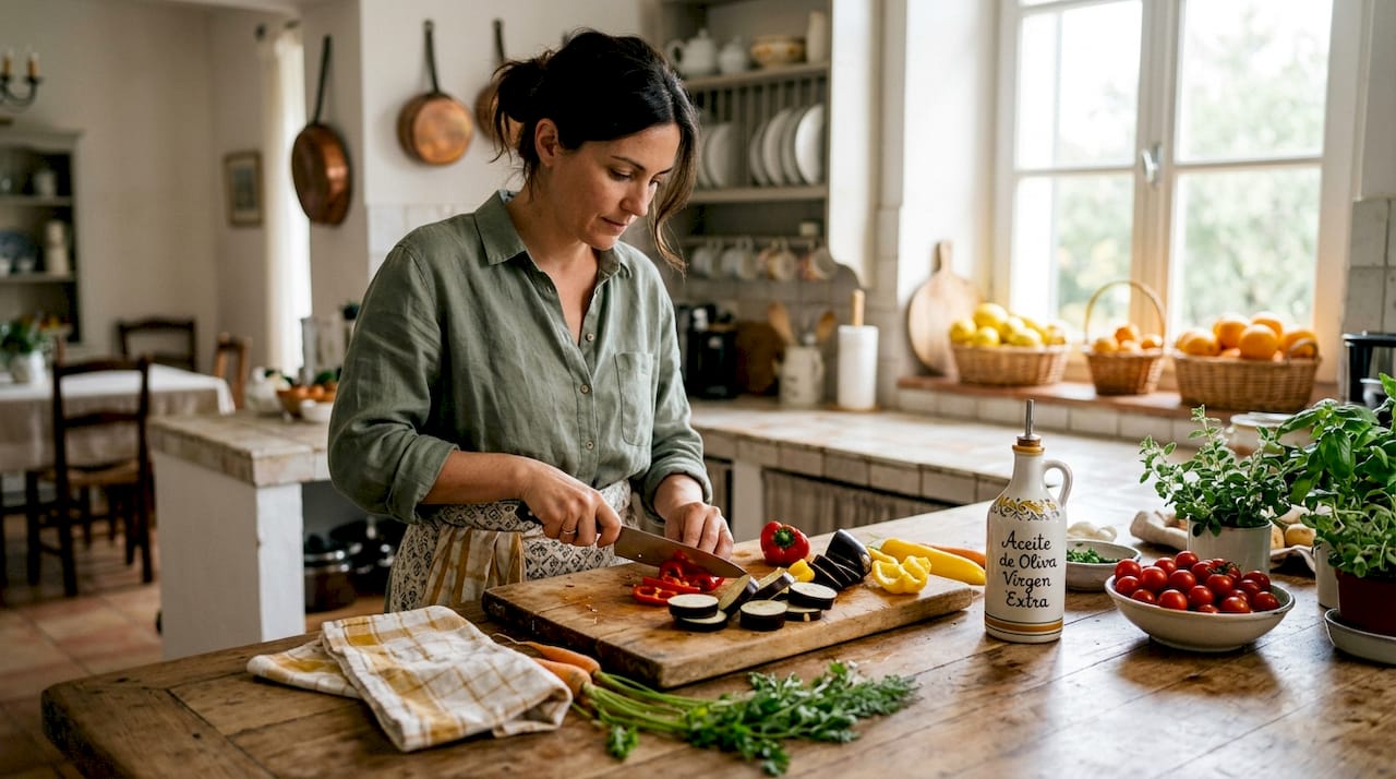 Un chef elabora un plato vegetariano fresco inspirado en la cocina mediterránea.