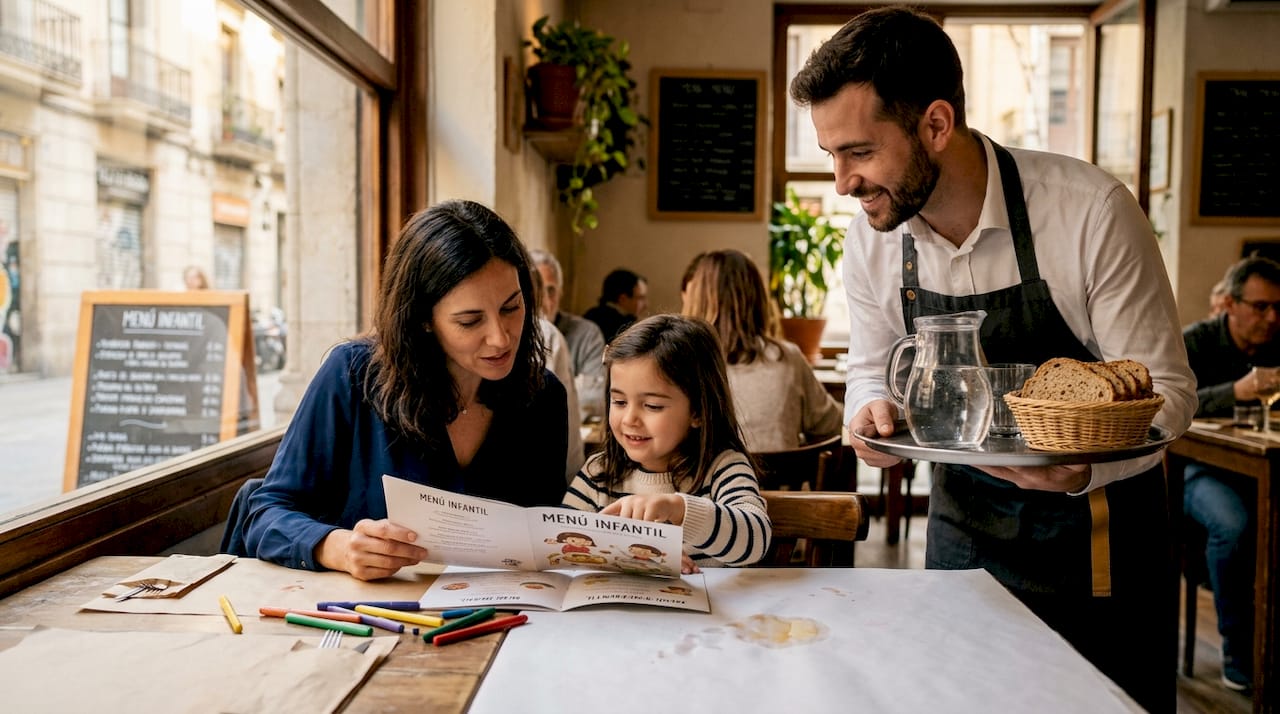 Una familia revisa la carta de platos para niños en un restaurante