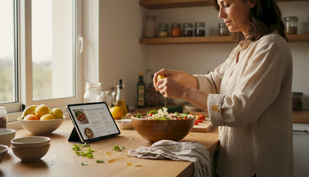 Cocinando recetas mediterráneas veganas en casa