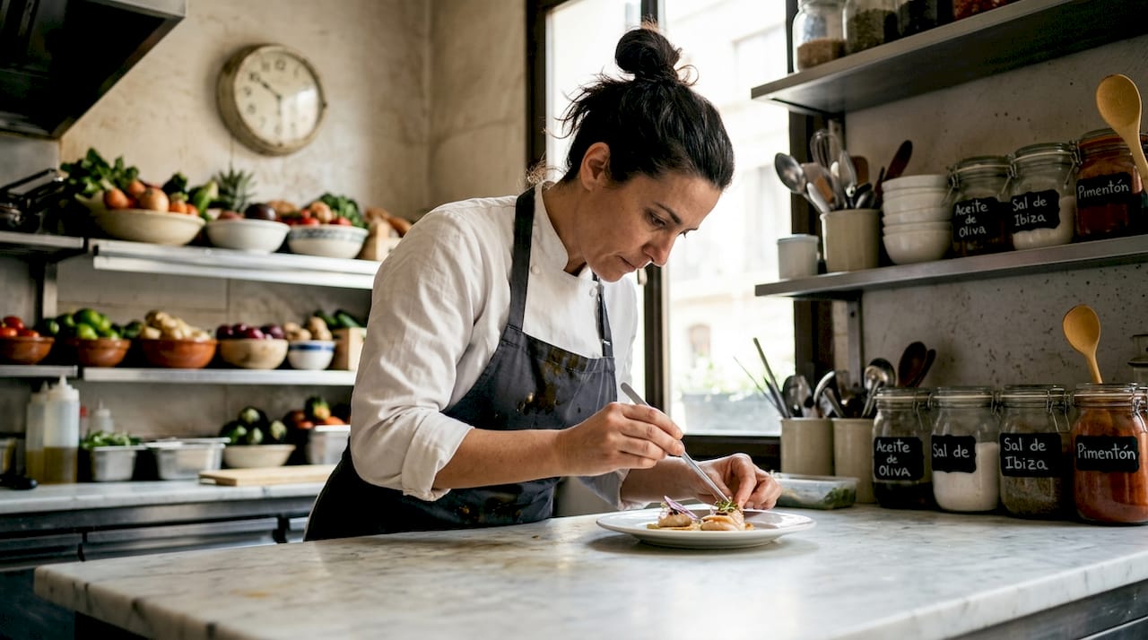 El chef se encarga del emplatado en un restaurante de alta cocina.
